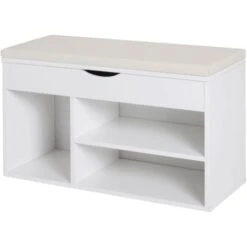 Homcom Scarpiera Panca Con Sedile Imbottito Ribaltabile Da Ingresso Legno 80x30x47cm Bianco