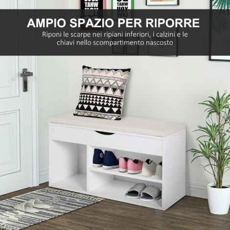 Homcom Scarpiera Panca Con Sedile Imbottito Ribaltabile Da Ingresso Legno 80x30x47cm Bianco 7 Homcom Scarpiera Panca Con Sedile Imbottito Ribaltabile Da Ingresso Legno 80x30x47cm Bianco - immagine 5