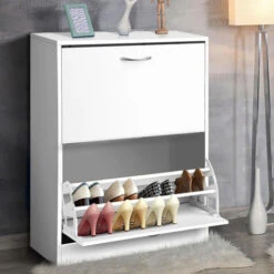 Scarpiera 2 Ante Ripiani Doppia Profondita In Melamina 60x24x83cm Colore Bianco