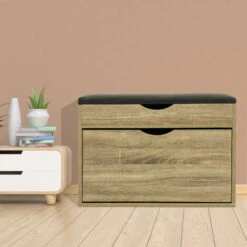 Scarpiera In Pannello Truciolare E Carta Mobiletto In Legno , Armadietto Con Scomparto Superiore E Cuscino In Poliestere - Doppia Profondità - Sonoma C/cuscino Marrone 60x30x50 Cm -Vendite HOMCOM || VIDAXL || Songmics 17071384 4