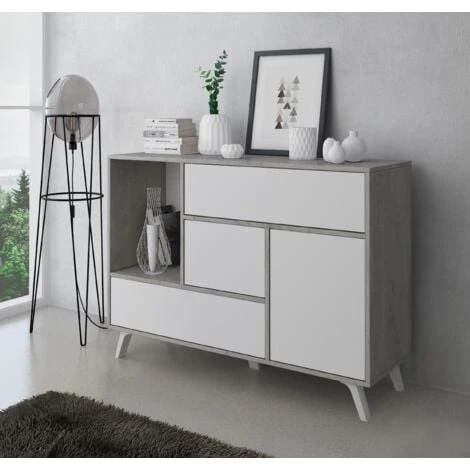 Skraut Home - Credenza Salotto/sala Da Pranzo, Mobile Buffet WIND 1 Porta, 3 Cassetti, Struttura Colore CEMENTO, Porta E Cassetti Colore BIANCO OPACO. Dimensioni: 120x40x86cm. 4 Skraut Home - Credenza Salotto/sala Da Pranzo, Mobile Buffet WIND 1 Porta, 3 Cassetti, Struttura Colore CEMENTO, Porta E Cassetti Colore BIANCO OPACO. Dimensioni: 120x40x86cm. - immagine 2
