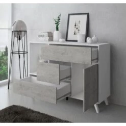 Skraut Home - Credenza Salotto/sala Da Pranzo, Buffet WIND 1 Porta, 3 Cassetti, Struttura Colore BIANCO OPACO, Anta E Cassetti Colore CEMENTO. Dimensioni: 120x40x86cm. -Vendite HOMCOM || VIDAXL || Songmics 24110034 3