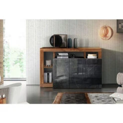 Madia Moderna A 3 Ante Con Un Ripiano In Finitura Noce Dark E Marmo Lucido Nero