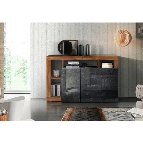 Madia Moderna A 3 Ante Con Un Ripiano In Finitura Noce Dark E Marmo Lucido Nero 3 Madia Moderna A 3 Ante Con Un Ripiano In Finitura Noce Dark E Marmo Lucido Nero