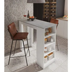 Dmora Tavolo Penisola Da Cucina Con 4 Ripiani, Mobile Da Bar, Tavolo Alto Ausiliare, Cm 112x49,50xh106, Colore Bianco E Cemento, Con Imballo Rinforzato