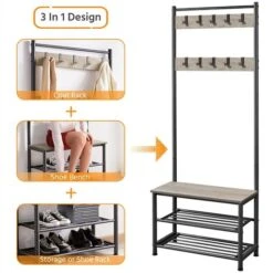 Yaheetech Stand Appendiabiti In Legno Vintage, Attaccapanni Con Scarpiera A 3 Ripiani, Appendiabiti Autoportante Portabiti Per Salotto E Soggiorno Stile Industriale Altezza 185 Cm Grigio -Vendite HOMCOM || VIDAXL || Songmics 39640413 4