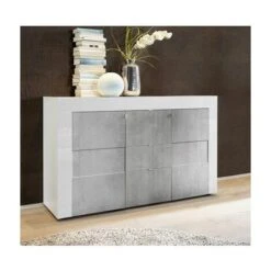 Credenza Moderna, Madia Di Design, 2 Ante E 3 Cassetti, Bianco Lucido Con Frontali Beton