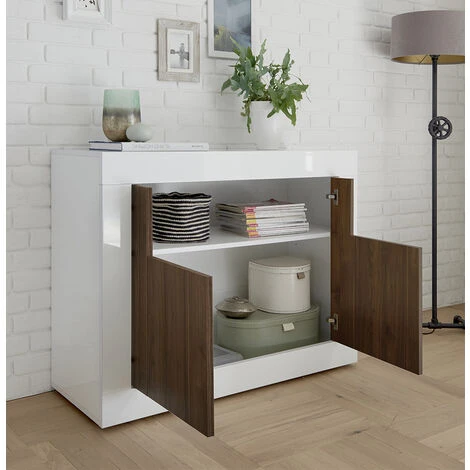 Madia Moderna Con 2 Ante In Finitura Noce Dark E Bianco Lucido 4 Madia Moderna Con 2 Ante In Finitura Noce Dark E Bianco Lucido - immagine 2