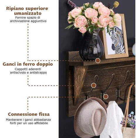 COSTWAY Appendiabiti A Parete, Ganci Attaccapanni Appendini Da Muro, 100% Legno Naturale, Porta Asciugamano Per Bagno Ingresso E Camera Da Letto (Marrone) 5 COSTWAY Appendiabiti A Parete, Ganci Attaccapanni Appendini Da Muro, 100% Legno Naturale, Porta Asciugamano Per Bagno Ingresso E Camera Da Letto (Marrone) - immagine 3