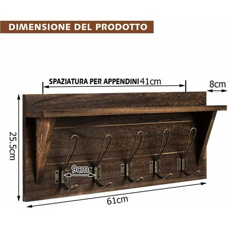COSTWAY Appendiabiti A Parete, Ganci Attaccapanni Appendini Da Muro, 100% Legno Naturale, Porta Asciugamano Per Bagno Ingresso E Camera Da Letto (Marrone) 6 COSTWAY Appendiabiti A Parete, Ganci Attaccapanni Appendini Da Muro, 100% Legno Naturale, Porta Asciugamano Per Bagno Ingresso E Camera Da Letto (Marrone) - immagine 4