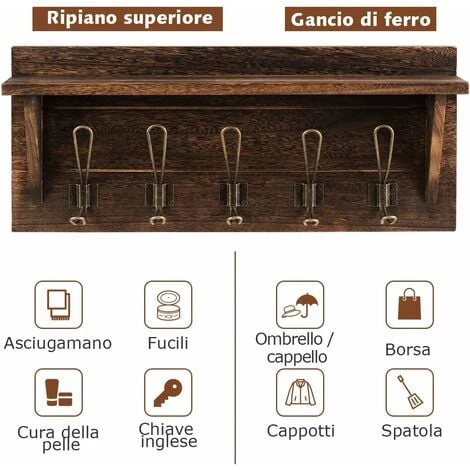 COSTWAY Appendiabiti A Parete, Ganci Attaccapanni Appendini Da Muro, 100% Legno Naturale, Porta Asciugamano Per Bagno Ingresso E Camera Da Letto (Marrone) 7 COSTWAY Appendiabiti A Parete, Ganci Attaccapanni Appendini Da Muro, 100% Legno Naturale, Porta Asciugamano Per Bagno Ingresso E Camera Da Letto (Marrone) - immagine 5
