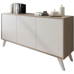 Credenza Moderna Soggiorno Alta 3 Ante Salotto DIVINE Mobile Rovere Bianco -Vendite HOMCOM || VIDAXL || Songmics 52472290 2
