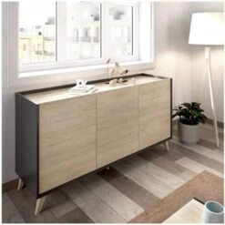 Madia Soggiorno 155 Cm Abby Grafite E Rovere Naturale Con Tre Ante Grafite E Naturale