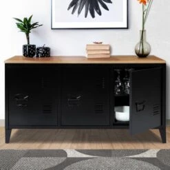 Credenza Bassa 3 Ante ESTER In Metallo Nero Con Piano In Legno