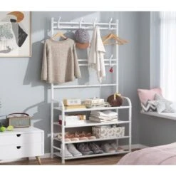 Appendiabiti Ingresso Terra Stand Attaccapanni Panca Scarpiera 4 Ripiani Bianco 9 Appendiabiti Ingresso Terra Stand Attaccapanni Panca Scarpiera 4 Ripiani Bianco -Vendite HOMCOM || VIDAXL || Songmics 57324326 3