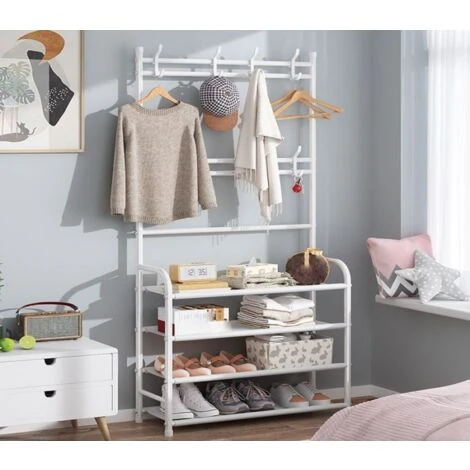 Appendiabiti Ingresso Terra Stand Attaccapanni Panca Scarpiera 4 Ripiani Bianco 5 Appendiabiti Ingresso Terra Stand Attaccapanni Panca Scarpiera 4 Ripiani Bianco - immagine 3