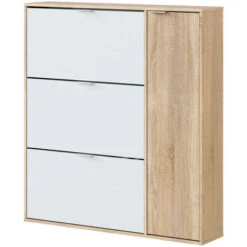 Scarpiera, Armadio Portascarpe A 4 Ante, Mobile Basso Multiuso Con 5 Ripiani, Scarpiera Moderna, Cm 106x22h115, Rovere E Bianco