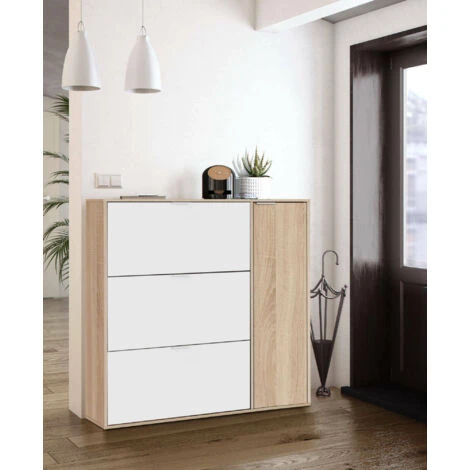 Scarpiera, Armadio Portascarpe A 4 Ante, Mobile Basso Multiuso Con 5 Ripiani, Scarpiera Moderna, Cm 106x22h115, Rovere E Bianco 4 Scarpiera, Armadio Portascarpe A 4 Ante, Mobile Basso Multiuso Con 5 Ripiani, Scarpiera Moderna, Cm 106x22h115, Rovere E Bianco - immagine 2