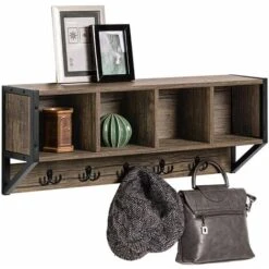 SoBuy Appendiabiti A Parete Gancio Da Parete Mensola Pensile Mobile Da Bagno Con 4 Scomparti E 5 Ganci Vintage 73x16x28 Cm FHK25-N