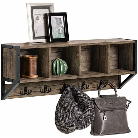 SoBuy Appendiabiti A Parete Gancio Da Parete Mensola Pensile Mobile Da Bagno Con 4 Scomparti E 5 Ganci Vintage 73x16x28 Cm FHK25-N 3 SoBuy Appendiabiti A Parete Gancio Da Parete Mensola Pensile Mobile Da Bagno Con 4 Scomparti E 5 Ganci Vintage 73x16x28 Cm FHK25-N