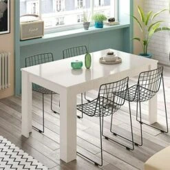 Tavolo Da Pranzo Bianco Lucido Allungabile Di 50 Cm,