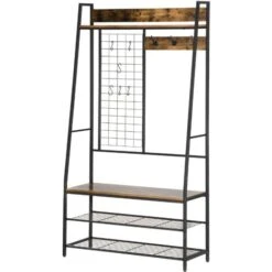 HOMCOM Appendiabiti Da Terra Con Scarpiera E Panca Stile Industriale In Legno E Acciaio, 98x36x185cm, Marrone
