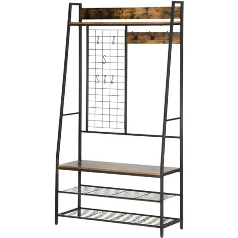 HOMCOM Appendiabiti Da Terra Con Scarpiera E Panca Stile Industriale In Legno E Acciaio, 98x36x185cm, Marrone 3 HOMCOM Appendiabiti Da Terra Con Scarpiera E Panca Stile Industriale In Legno E Acciaio, 98x36x185cm, Marrone