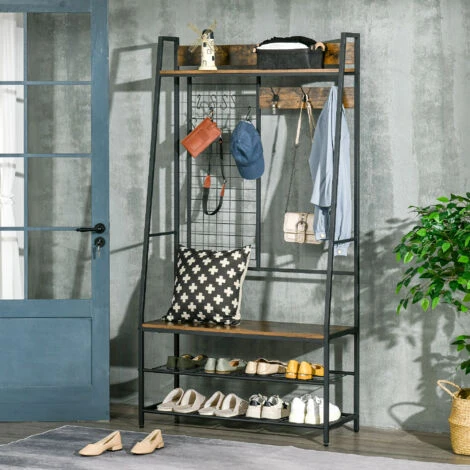 HOMCOM Appendiabiti Da Terra Con Scarpiera E Panca Stile Industriale In Legno E Acciaio, 98x36x185cm, Marrone 4 HOMCOM Appendiabiti Da Terra Con Scarpiera E Panca Stile Industriale In Legno E Acciaio, 98x36x185cm, Marrone - immagine 2