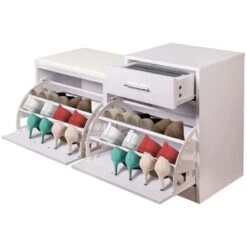 Mobile Mobiletto Scarpiera Panca Imbottita Bianca Dimensioni 94,5x57x30 Cm