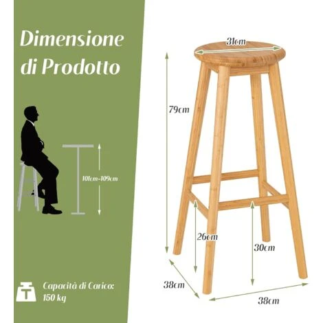 COSTWAY Set Di 2 Sgabelli Da Bar Di Bambù, Sedie Rotonde Con Poggiapiedi, Sgabelli Da Bar 79 Cm, Per Cucina Sala Da Pranzo Bar, Naturale 4 COSTWAY Set Di 2 Sgabelli Da Bar Di Bambù, Sedie Rotonde Con Poggiapiedi, Sgabelli Da Bar 79 Cm, Per Cucina Sala Da Pranzo Bar, Naturale - immagine 2