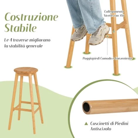 COSTWAY Set Di 2 Sgabelli Da Bar Di Bambù, Sedie Rotonde Con Poggiapiedi, Sgabelli Da Bar 79 Cm, Per Cucina Sala Da Pranzo Bar, Naturale 5 COSTWAY Set Di 2 Sgabelli Da Bar Di Bambù, Sedie Rotonde Con Poggiapiedi, Sgabelli Da Bar 79 Cm, Per Cucina Sala Da Pranzo Bar, Naturale - immagine 3