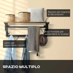 HOMCOM Mensola Portaoggetti Salvaspazio A Parete Con 7 Ganci E Asta, In Acciaio E Truciolato, 66x30x27 Cm -Vendite HOMCOM || VIDAXL || Songmics 67311747 4