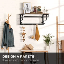 HOMCOM Mensola Portaoggetti Salvaspazio A Parete Con 7 Ganci E Asta, In Acciaio E Truciolato, 66x30x27 Cm -Vendite HOMCOM || VIDAXL || Songmics 67311747 5