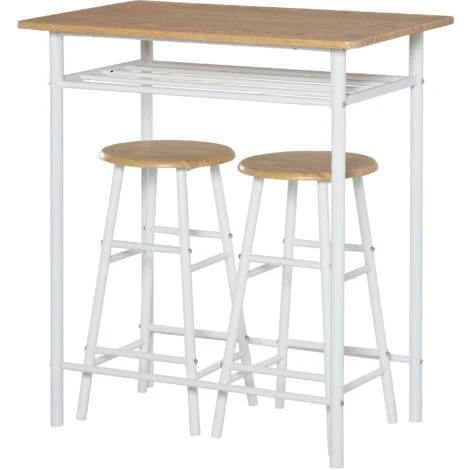 HOMCOM Set Bancone Bar Con 2 Sgabelli Alti In Legno Stile Nordico, Tavolo Alto Con Mensola E Sgabelli Cucina Con Poggiapiedi, Bianco 3 HOMCOM Set Bancone Bar Con 2 Sgabelli Alti In Legno Stile Nordico, Tavolo Alto Con Mensola E Sgabelli Cucina Con Poggiapiedi, Bianco