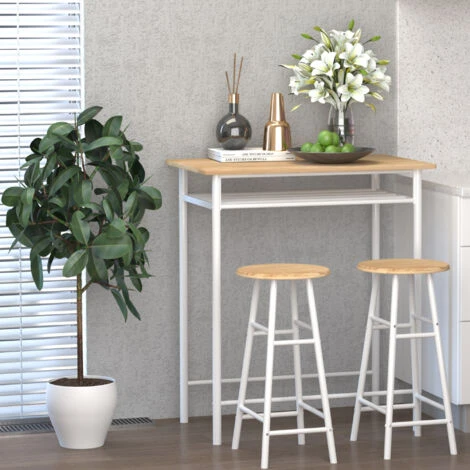 HOMCOM Set Bancone Bar Con 2 Sgabelli Alti In Legno Stile Nordico, Tavolo Alto Con Mensola E Sgabelli Cucina Con Poggiapiedi, Bianco 4 HOMCOM Set Bancone Bar Con 2 Sgabelli Alti In Legno Stile Nordico, Tavolo Alto Con Mensola E Sgabelli Cucina Con Poggiapiedi, Bianco - immagine 2