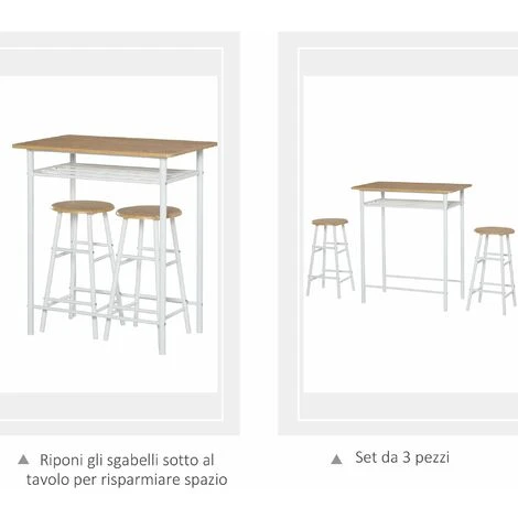 HOMCOM Set Bancone Bar Con 2 Sgabelli Alti In Legno Stile Nordico, Tavolo Alto Con Mensola E Sgabelli Cucina Con Poggiapiedi, Bianco 6 HOMCOM Set Bancone Bar Con 2 Sgabelli Alti In Legno Stile Nordico, Tavolo Alto Con Mensola E Sgabelli Cucina Con Poggiapiedi, Bianco - immagine 4