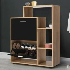 Scarpiera In Finto Faggio A 2 Ante Nera Con Ripiano