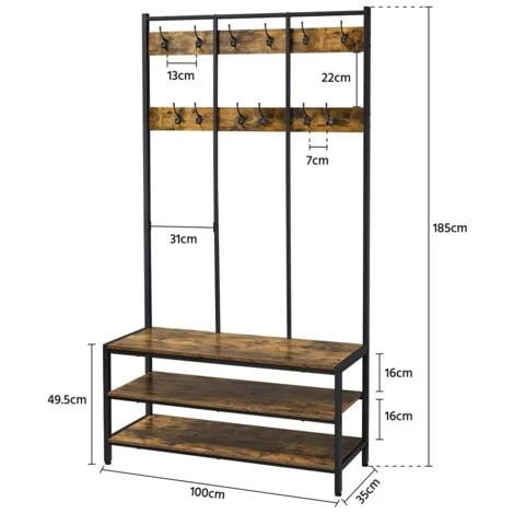 Yaheetech Stand Appendiabiti Attaccappani Con Panca Scarpiera Da Ingresso Mobile Autoportante Portabiti Da Entrata Marrone Rustico 5 Yaheetech Stand Appendiabiti Attaccappani Con Panca Scarpiera Da Ingresso Mobile Autoportante Portabiti Da Entrata Marrone Rustico - immagine 3