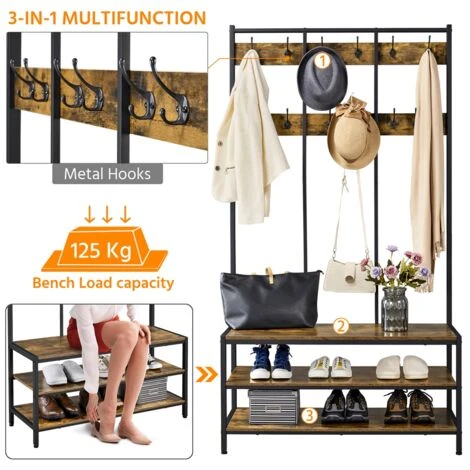 Yaheetech Stand Appendiabiti Attaccappani Con Panca Scarpiera Da Ingresso Mobile Autoportante Portabiti Da Entrata Marrone Rustico 6 Yaheetech Stand Appendiabiti Attaccappani Con Panca Scarpiera Da Ingresso Mobile Autoportante Portabiti Da Entrata Marrone Rustico - immagine 4