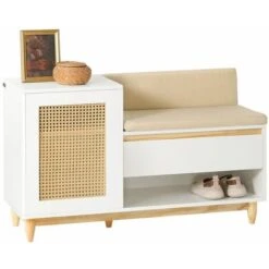 Scarpiera In Rattan Da Ingresso, Scarpiera Con Vano Contenitore, Scarpiera Decorativa Portascarpe Con Panca In Legno, 100x35x60cm FSR128-W SoBuy