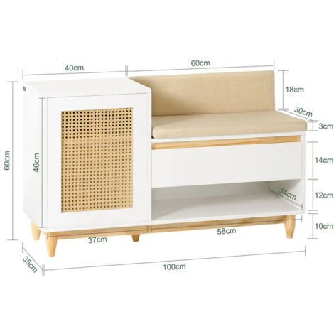 Scarpiera In Rattan Da Ingresso, Scarpiera Con Vano Contenitore, Scarpiera Decorativa Portascarpe Con Panca In Legno, 100x35x60cm FSR128-W SoBuy 4 Scarpiera In Rattan Da Ingresso, Scarpiera Con Vano Contenitore, Scarpiera Decorativa Portascarpe Con Panca In Legno, 100x35x60cm FSR128-W SoBuy - immagine 2