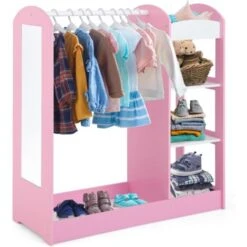 COSTWAY Guardaroba Per Bambini In Legno, Mobile Per Bambini Con Specchio, Appendiabiti E Mensole, Armadio Di Stoccaggio Per Cameratta Dei Bambini, 93,5 X 38 X 100 Cm (Rosa)