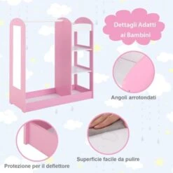 COSTWAY Guardaroba Per Bambini In Legno, Mobile Per Bambini Con Specchio, Appendiabiti E Mensole, Armadio Di Stoccaggio Per Cameratta Dei Bambini, 93,5 X 38 X 100 Cm (Rosa) -Vendite HOMCOM || VIDAXL || Songmics 80707464 3