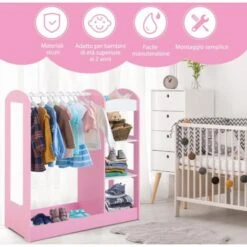 COSTWAY Guardaroba Per Bambini In Legno, Mobile Per Bambini Con Specchio, Appendiabiti E Mensole, Armadio Di Stoccaggio Per Cameratta Dei Bambini, 93,5 X 38 X 100 Cm (Rosa) -Vendite HOMCOM || VIDAXL || Songmics 80707464 5