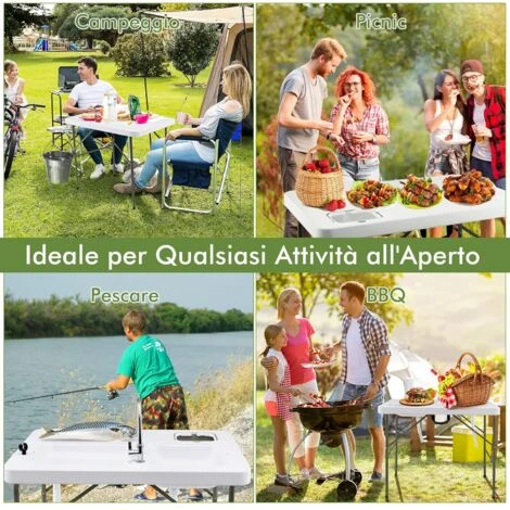 COSTWAY Tavolo Da Campeggio Portatile, Tavolo Pieghevole Con 2 Lavandini, Rubinetto Girevole A 360°, Tavolo Da Esterno Per Picnic, Barbecue E Pesca, 101,5 X 65,5 X 107,5 Cm, Portata 150 Kg 4 COSTWAY Tavolo Da Campeggio Portatile, Tavolo Pieghevole Con 2 Lavandini, Rubinetto Girevole A 360°, Tavolo Da Esterno Per Picnic, Barbecue E Pesca, 101,5 X 65,5 X 107,5 Cm, Portata 150 Kg - immagine 2