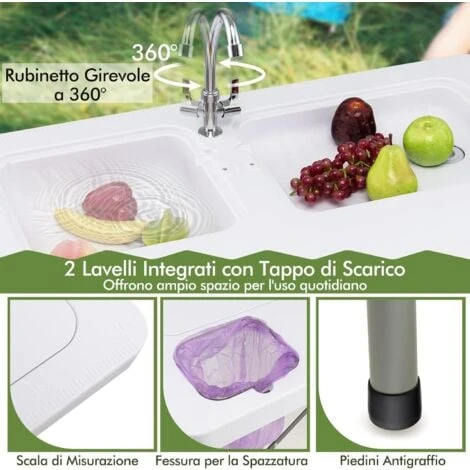COSTWAY Tavolo Da Campeggio Portatile, Tavolo Pieghevole Con 2 Lavandini, Rubinetto Girevole A 360°, Tavolo Da Esterno Per Picnic, Barbecue E Pesca, 101,5 X 65,5 X 107,5 Cm, Portata 150 Kg 6 COSTWAY Tavolo Da Campeggio Portatile, Tavolo Pieghevole Con 2 Lavandini, Rubinetto Girevole A 360°, Tavolo Da Esterno Per Picnic, Barbecue E Pesca, 101,5 X 65,5 X 107,5 Cm, Portata 150 Kg - immagine 4