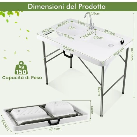 COSTWAY Tavolo Da Campeggio Portatile, Tavolo Pieghevole Con 2 Lavandini, Rubinetto Girevole A 360°, Tavolo Da Esterno Per Picnic, Barbecue E Pesca, 101,5 X 65,5 X 107,5 Cm, Portata 150 Kg 7 COSTWAY Tavolo Da Campeggio Portatile, Tavolo Pieghevole Con 2 Lavandini, Rubinetto Girevole A 360°, Tavolo Da Esterno Per Picnic, Barbecue E Pesca, 101,5 X 65,5 X 107,5 Cm, Portata 150 Kg - immagine 5