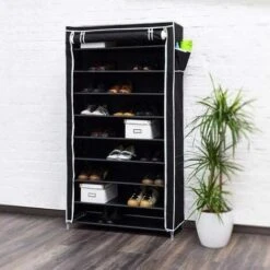 Scarpiera Salvaspazio 10 Ripiani 45 Paia Scaffale Acciaio E Tessuto TNT Nero