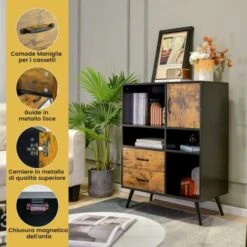 COSTWAY Credenza Per Buffet, Mobile Da Cucina Con 4 Scomparti Aperti, 1 Ante, 2 Cassetti, Per Soggiorno, Sala Da Pranzo E Cucina, Stile Industriale, Marrone Vintage, 80 X 40 X 106 Cm -Vendite HOMCOM || VIDAXL || Songmics 94090859 2