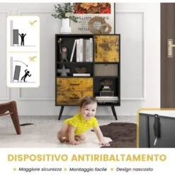 COSTWAY Credenza Per Buffet, Mobile Da Cucina Con 4 Scomparti Aperti, 1 Ante, 2 Cassetti, Per Soggiorno, Sala Da Pranzo E Cucina, Stile Industriale, Marrone Vintage, 80 X 40 X 106 Cm -Vendite HOMCOM || VIDAXL || Songmics 94090859 3